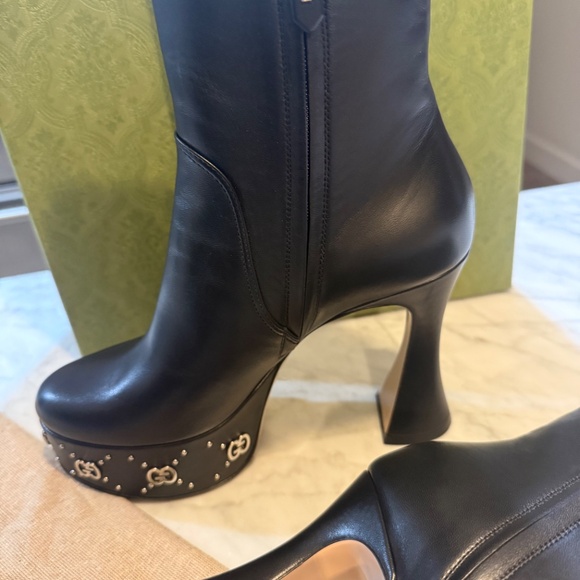 Gucci Janaya  Black Leather GG Stud Platform Booties 37 New in box - Picture 12 of 15